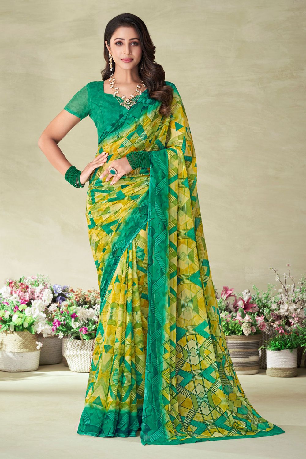 Lemon Yellow Chiffon Printed Casual Wear Saree