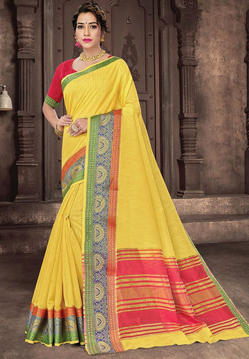 Lemon Yellow Cotton Handloom Saree for Festival