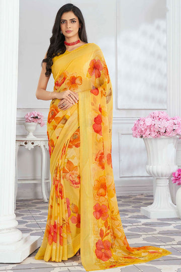 Lemon Yellow Georgette Saree with Digital Print