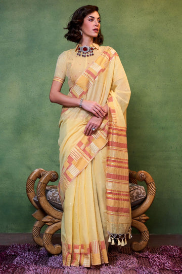 Lemon Yellow Hand Woven Mal Spun Cotton Saree for Party