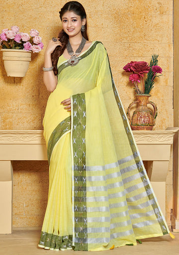 Lemon Yellow Linen Weaving Work Saree