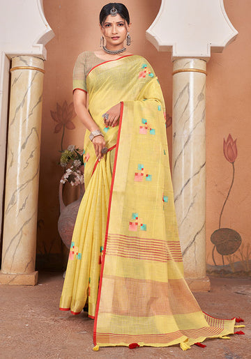 Lemon Yellow Linen Weaving Work Saree