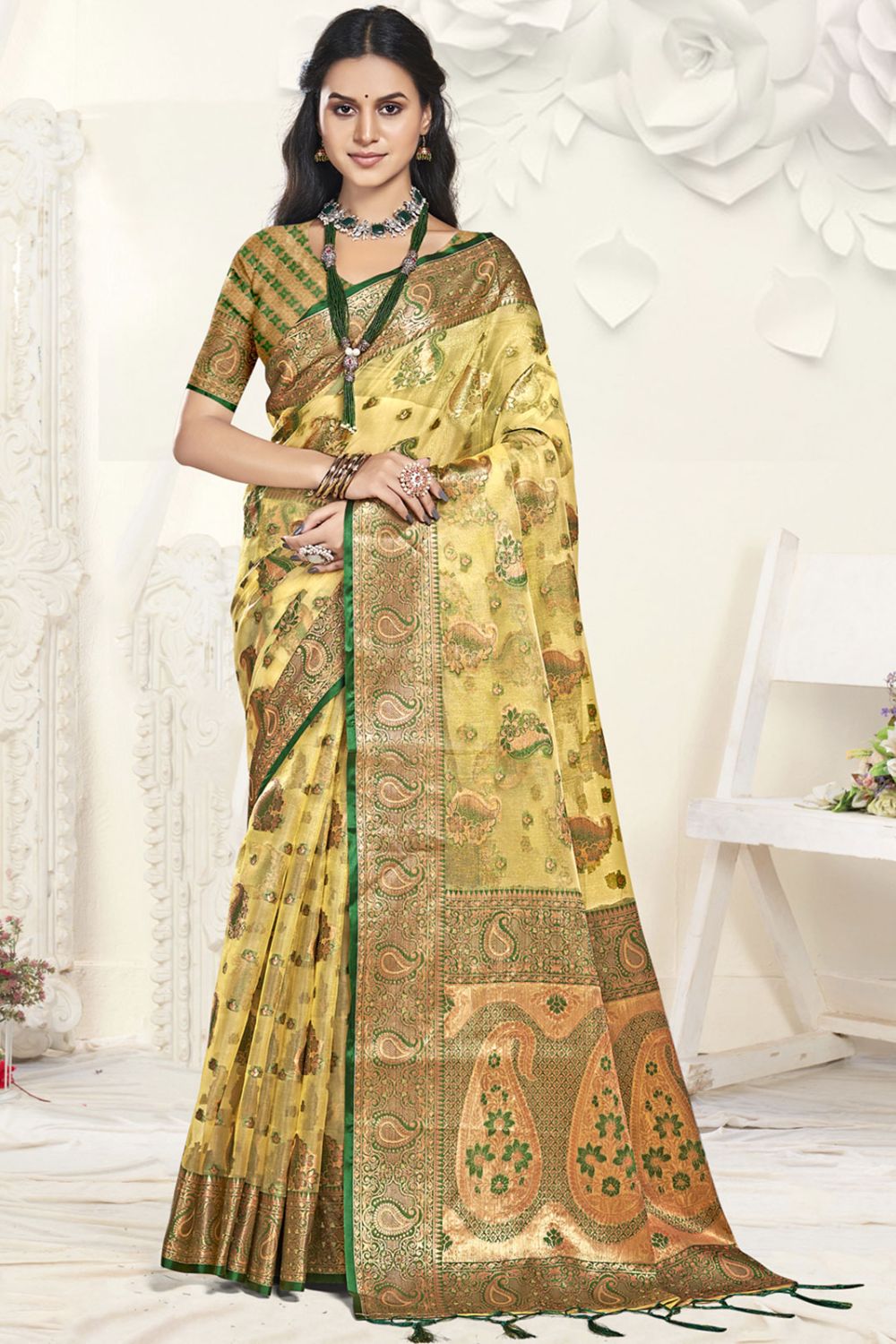 Lemon Yellow Organza Party Wear Saree