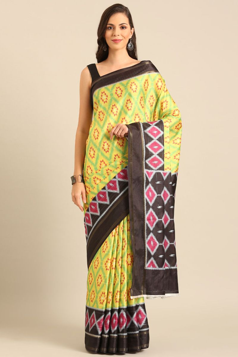 Lemon Yellow Patola Print Cotton Saree