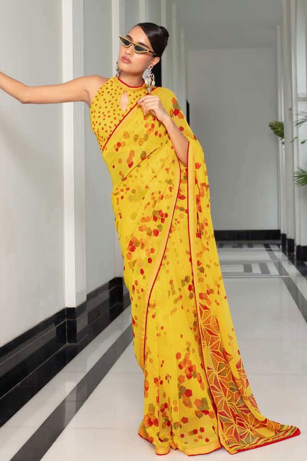 Lemon Yellow Printed Georgette Casual Wear Saree