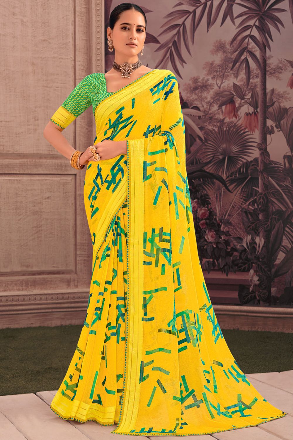 Lemon Yellow Printed Georgette Casual Wear Saree