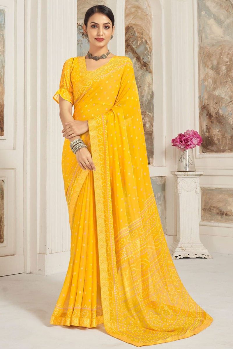 Lemon Yellow Printed Casual Wear Saree