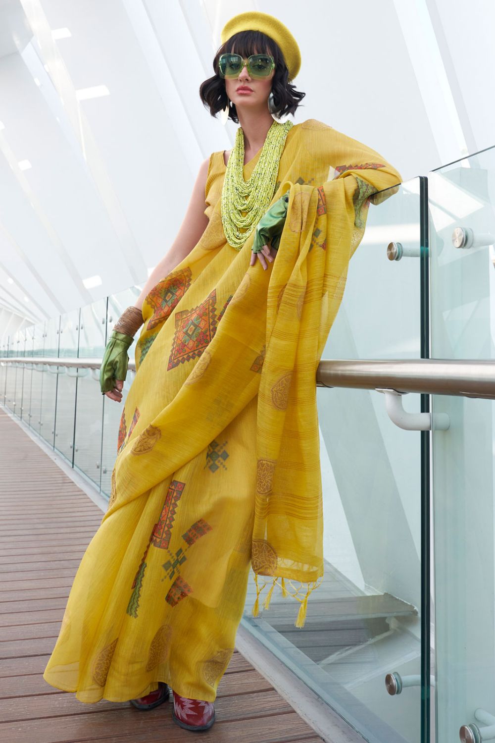 Lemon Yellow Printed Zari Tissue Saree for Party