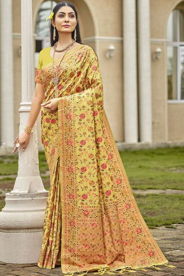 Lemon Yellow Woven Silk Saree for Wedding