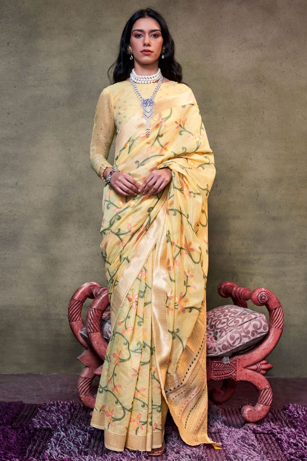 Lemon Yellow Zari Woven Mal Spun Cotton Saree for Party