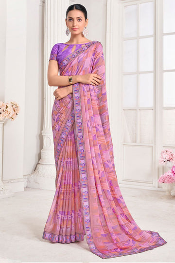 Light Pink Chiffon Printed Party Wear Saree