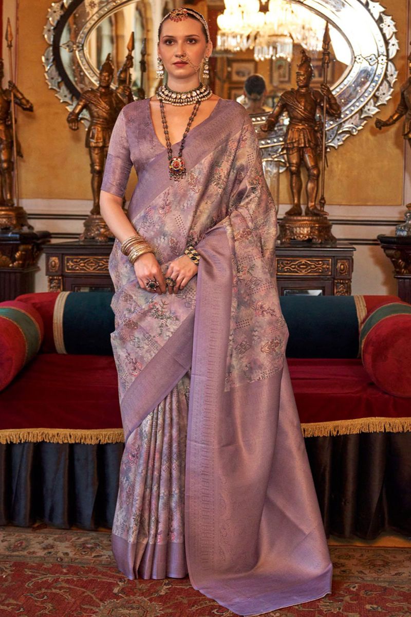 Lilac Tussar Silk Saree with Digital Print