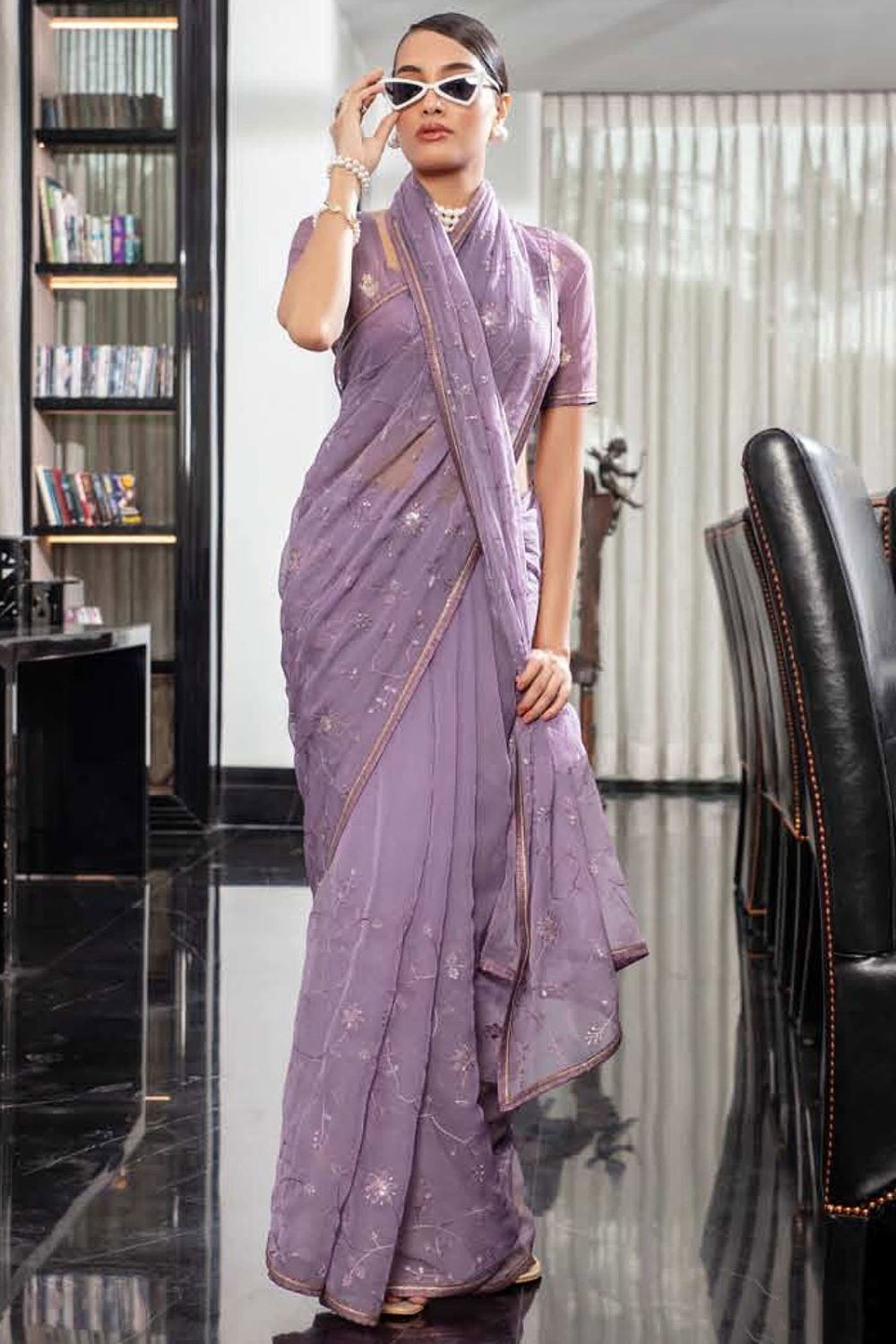 Lilac Embroidered Chiffon Saree