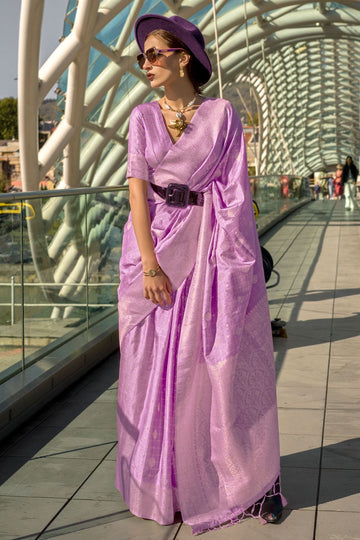 Lilac Handloom Weaving Katan Silk Saree for Festival