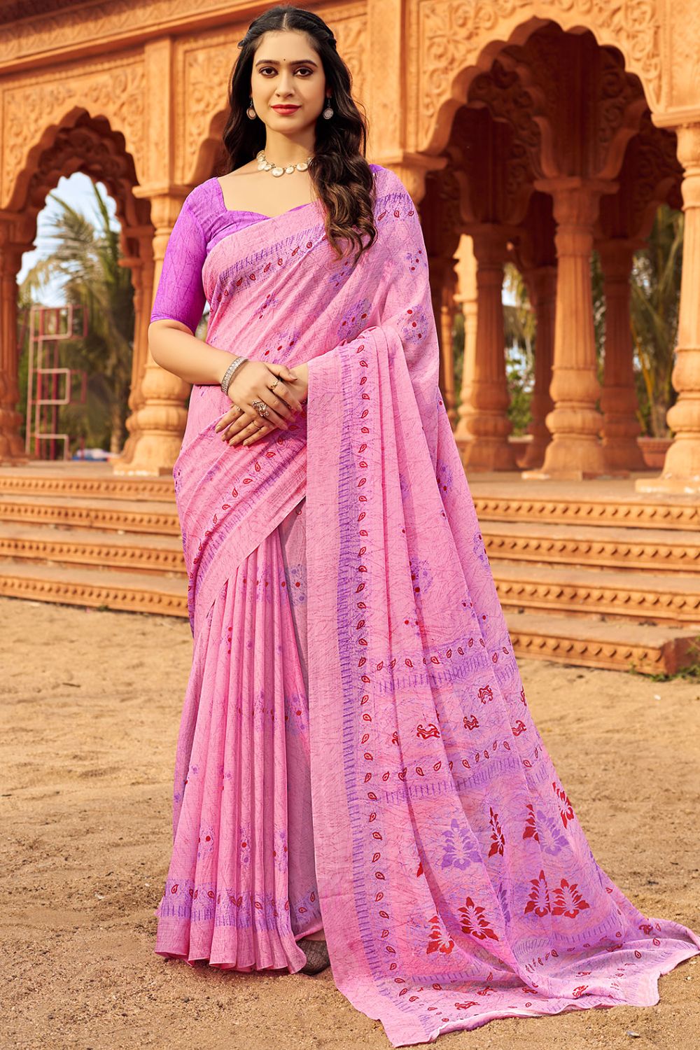 Lilac Pink Digital Printed Chiffon Casual Wear Saree