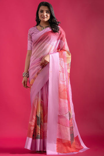 Lilac Pink Digital Print Linen Saree for Party