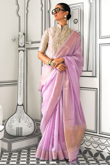 Lilac Pink Handloom Weaving Moss Chiffon Saree for Party