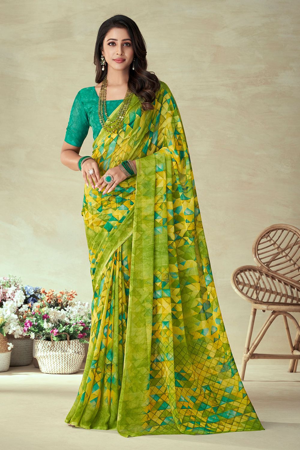 Lime Green  Chiffon Printed Casual Wear Saree