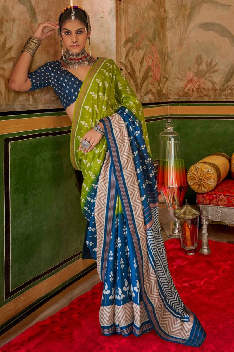 Lime Green and Cobalt Blue Aqua Finish Silk Saree