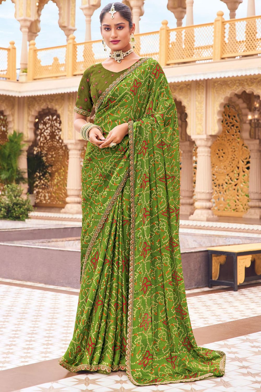 Lime Green Bandhani Print Georgette Chiffon Saree for Party