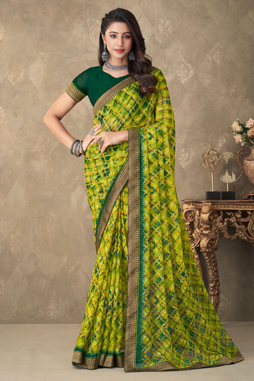 Lime Green Chiffon Printed Casual Wear Saree