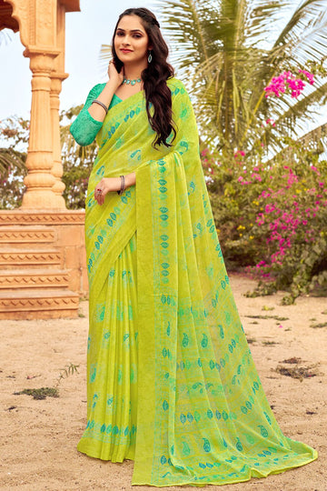 Lime Green Digital Printed Chiffon Casual Wear Saree