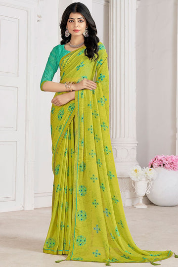 Lime Green Digital Printed Chiffon Casual Wear Saree