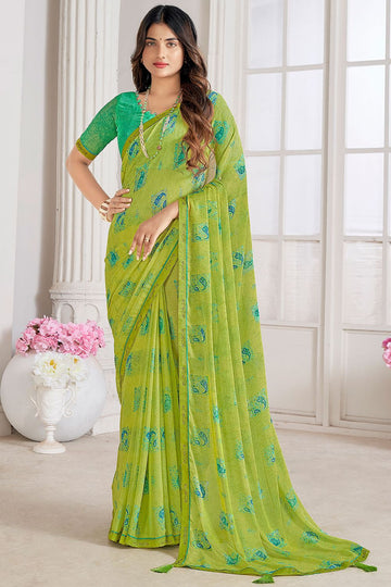 Lime Green Digital Printed Chiffon Casual Wear Saree