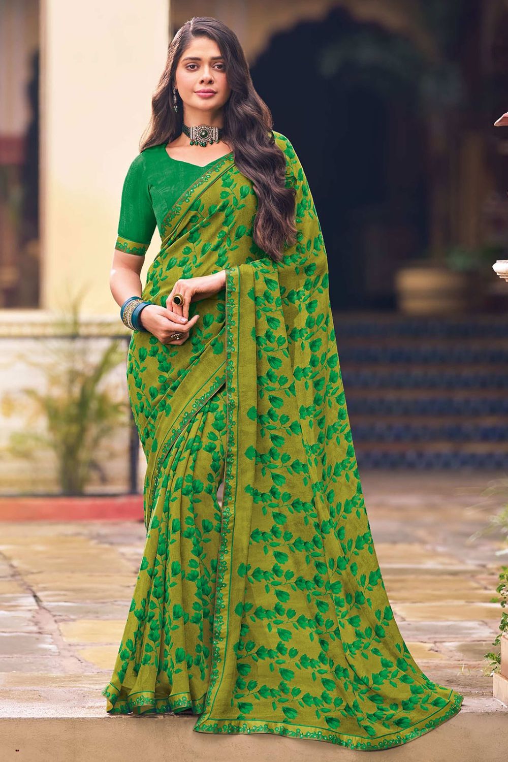 Lime Green Printed Georgette Casual Wear Saree