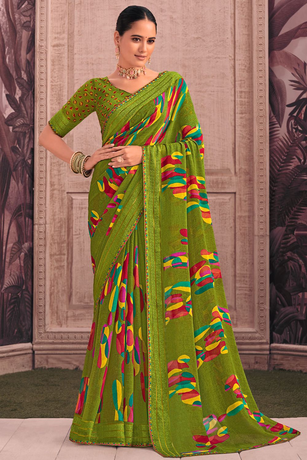 Lime Green Printed Georgette Casual Wear Saree