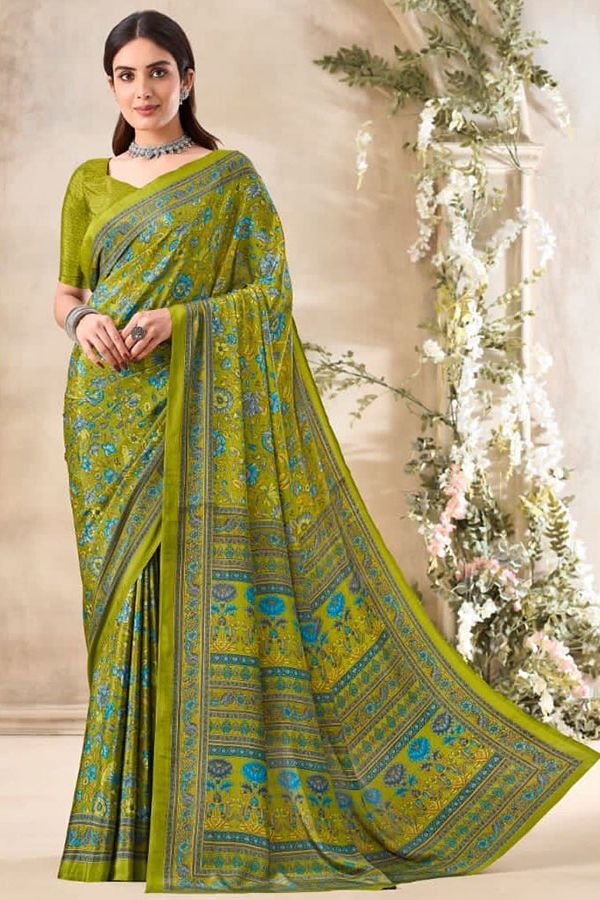 Lime Green Printed Silk Crepe Saree for Party