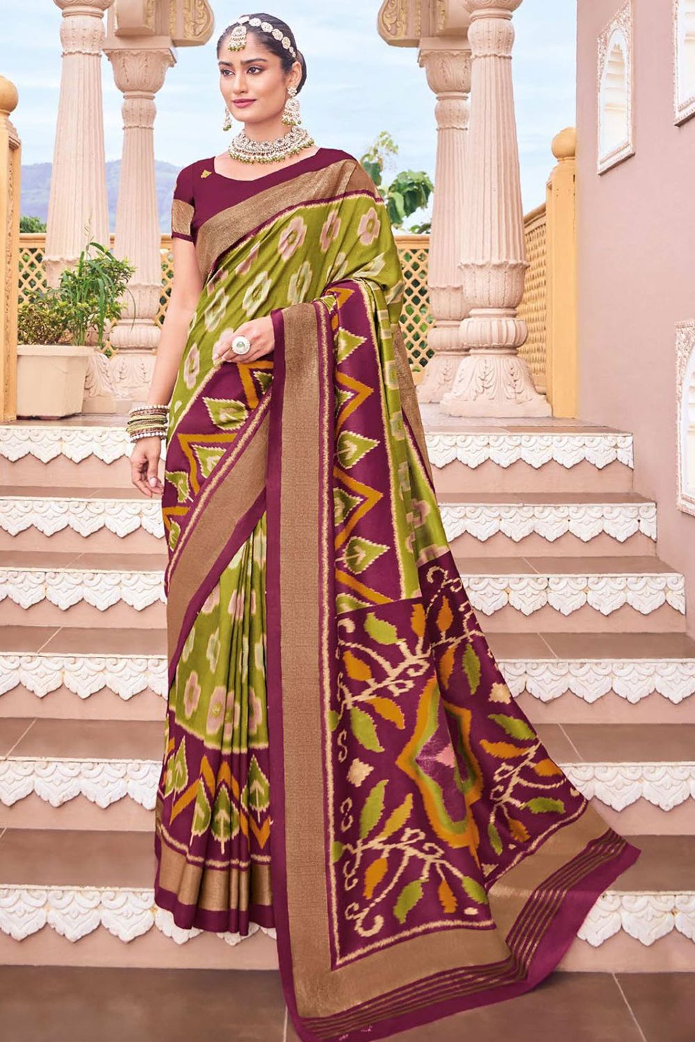 Lime Green Silk Printed Saree