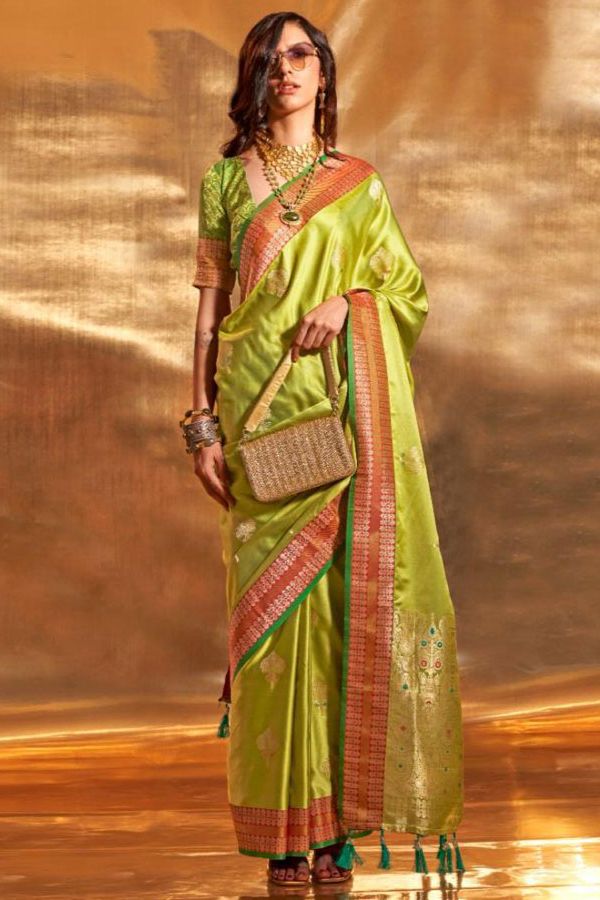 Lime Green Pure Satin Chaap Handloom Silk Saree for Party