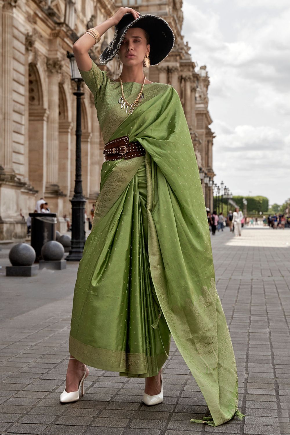 Lime Green Pure Satin Handloom Weaving Silk Saree for Party