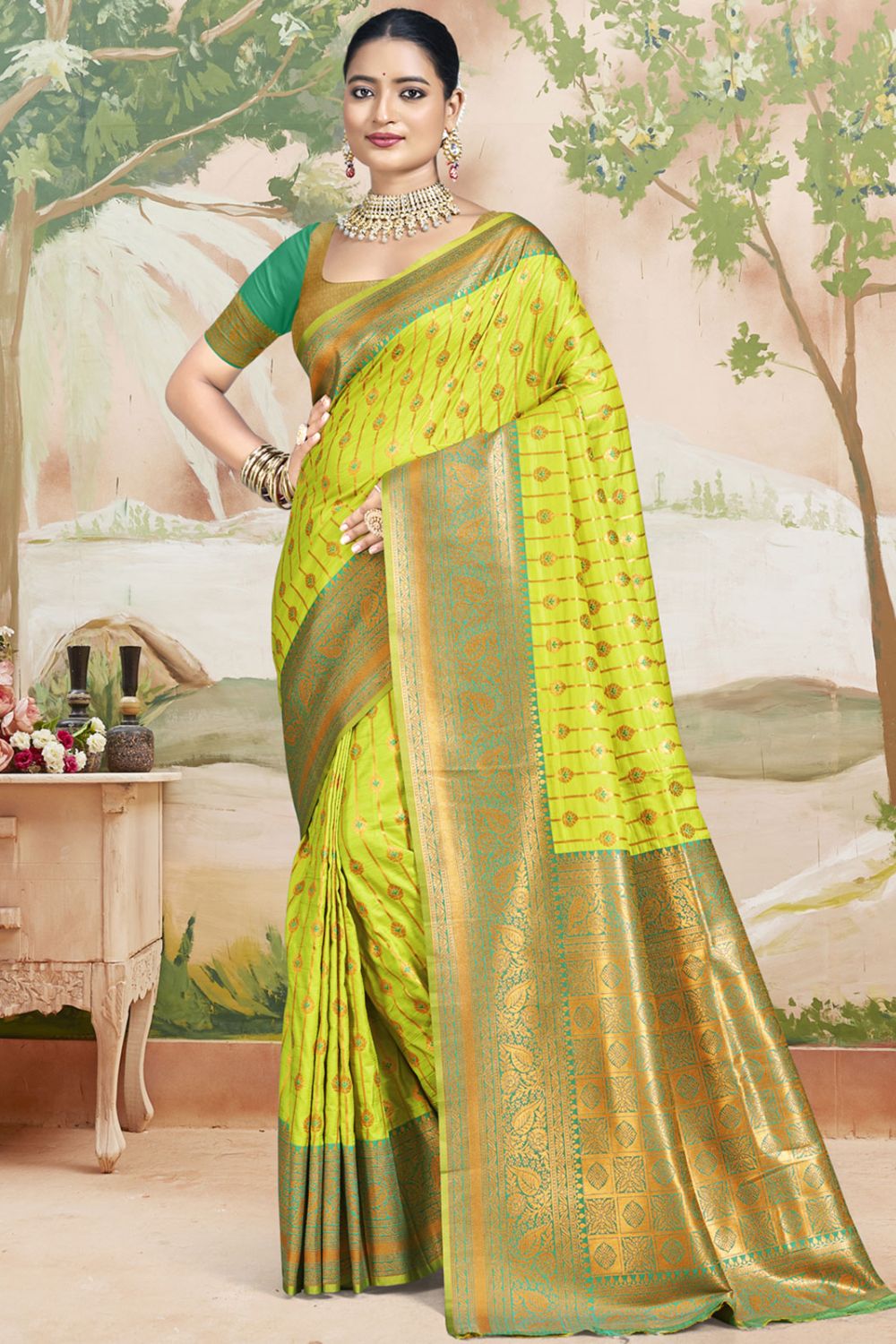 Lime Green Silk Zari Woven Saree