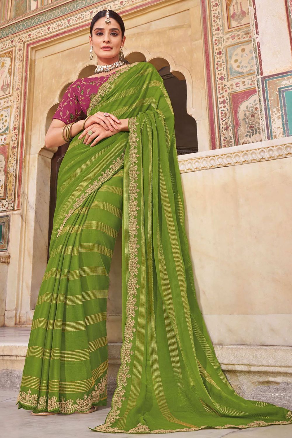 Lime Green Chiffon Saree for Party