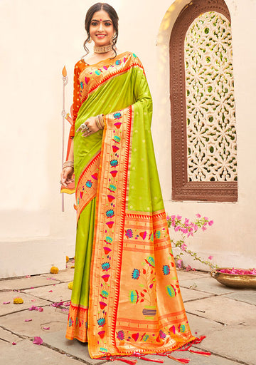 Lime Green Woven Paithani Silk Saree for Festival