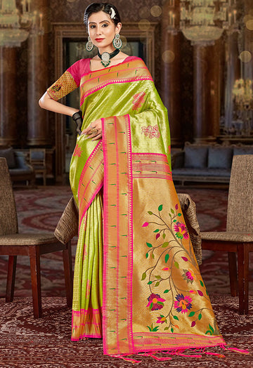 Lime Green Woven Paithani Silk Saree for Festival