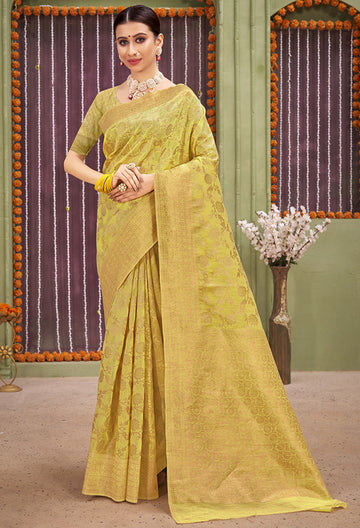 Lime Yellow Foil Print Cotton Saree for Party