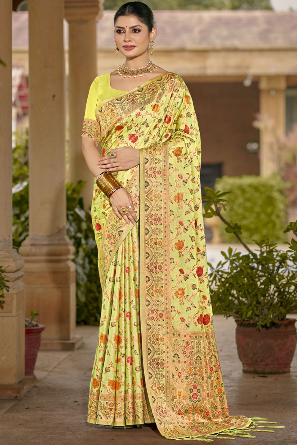 Lime Yellow Silk Woven Work Saree