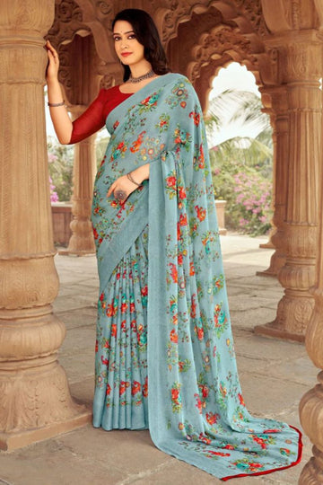 Livid Grey Floral Printed Chiffon Casual Wear Saree