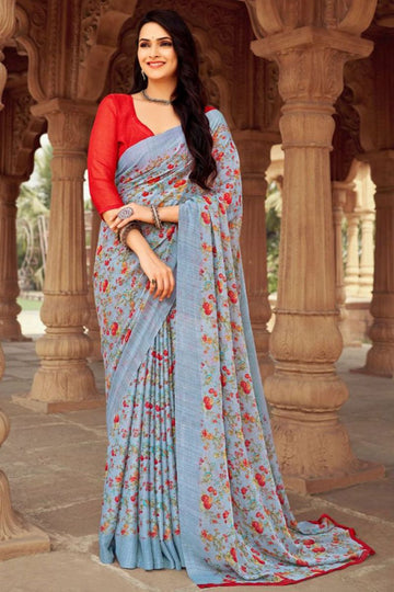 Livid Grey Floral Printed Chiffon Casual Wear Saree