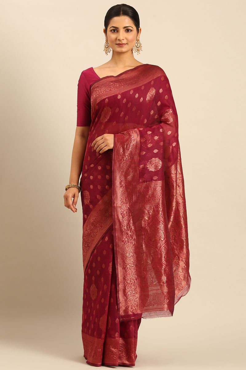 Magenta Jacquard Work Cotton Saree