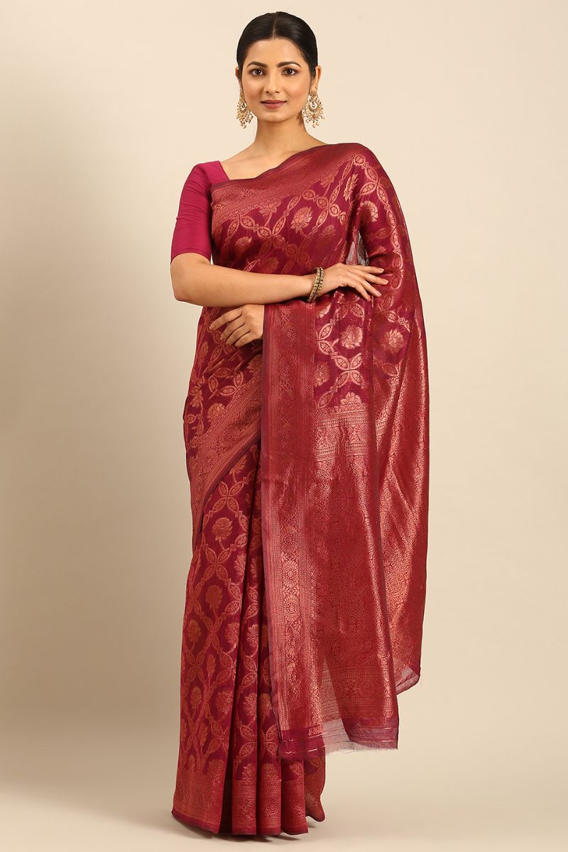 Magenta Jacquard Work Cotton Saree