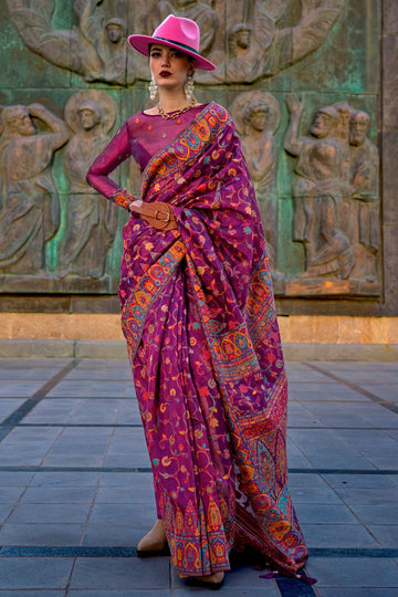 Magenta Kashmiri Handloom Weaving Organza Festival Wear Saree