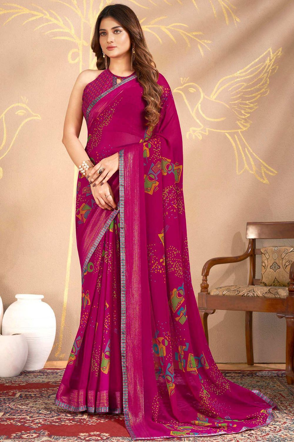 Magenta Printed Georgette Casual Wear Saree