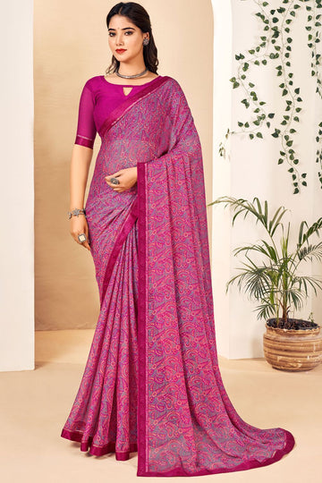 Magenta Printed Chiffon Casual Wear Saree