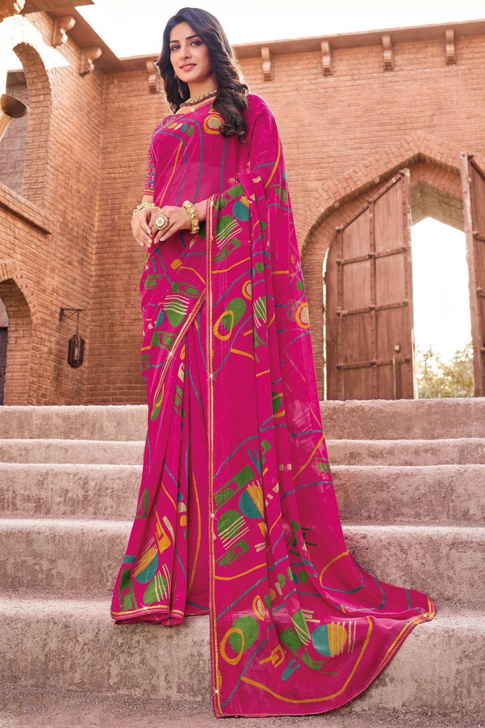 Magenta Printed Georgette Casual Saree