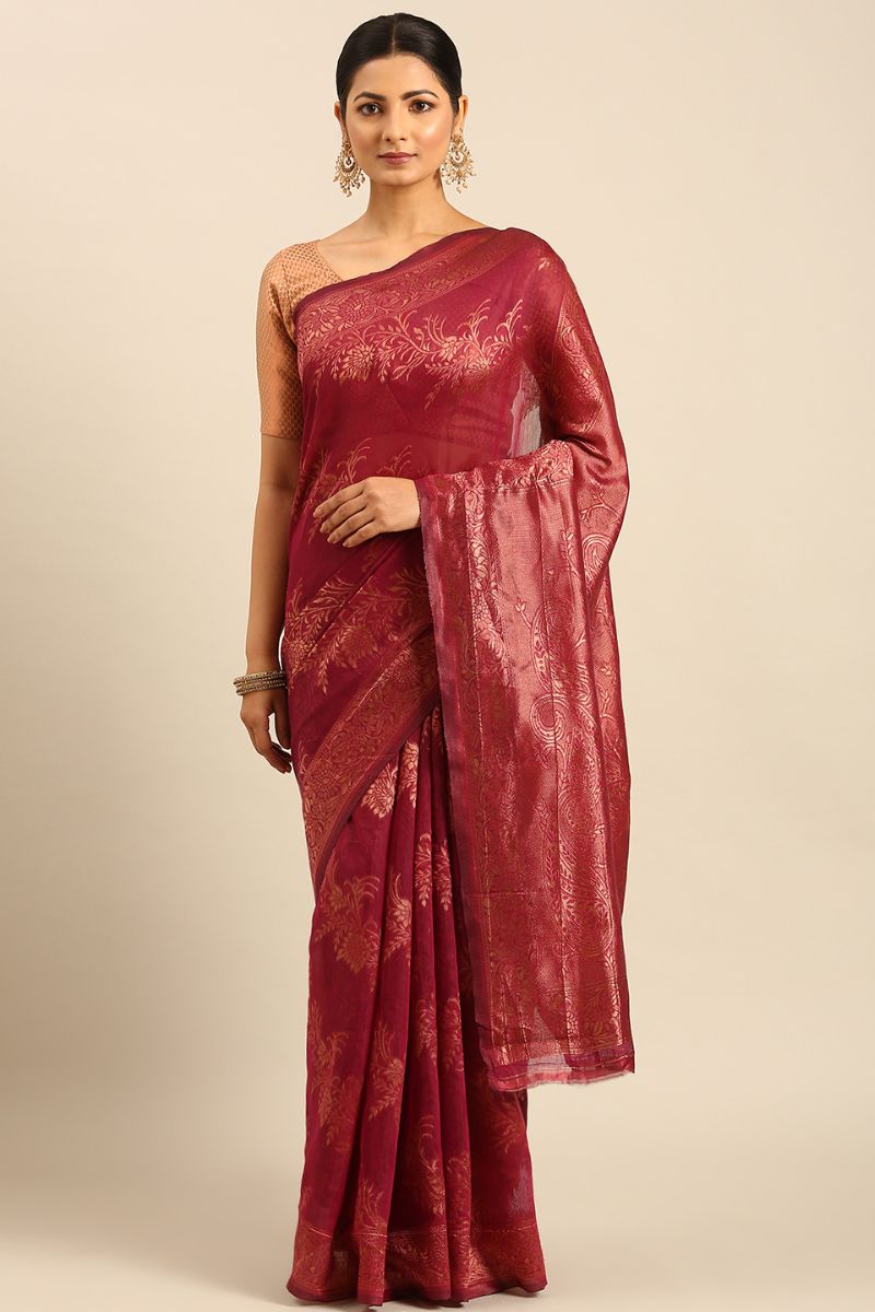 Magenta Red Jacquard Work Cotton Saree