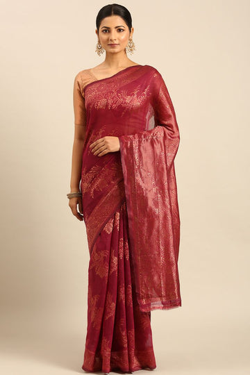 Magenta Red Cotton Jacquard Work Saree